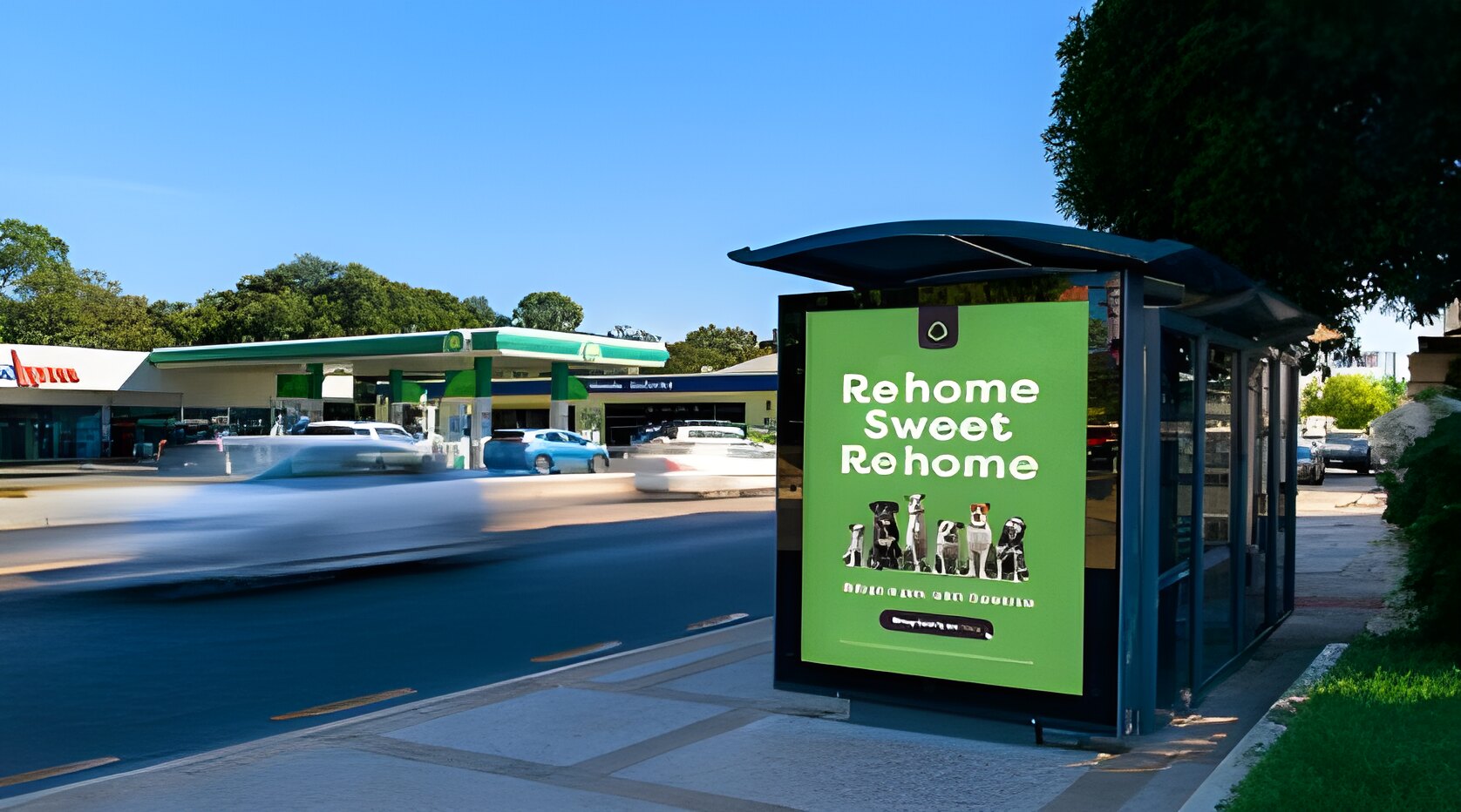 Digital advertising screen in a roadside bus shelter