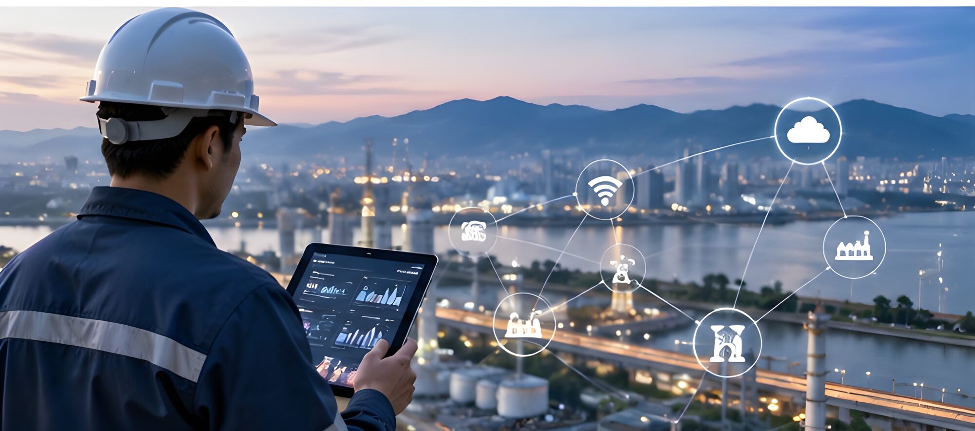 Engineer monitoring connected infrastructure on a tablet